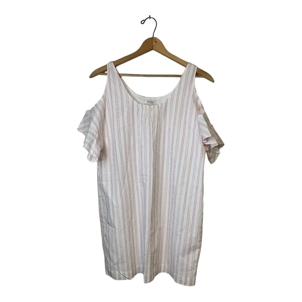 Madewell Lightweight Lined 100% Cotton White & Red Stripe Dress Cold Shoulder